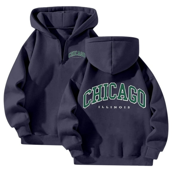 Hoodies for Women Fall Fashion 2025 Trendy Pullover Hooded Sweatshirts with Pocket Long Sleeve Letter CHICAGO Printed Hoodie Clothes (Navy, M)