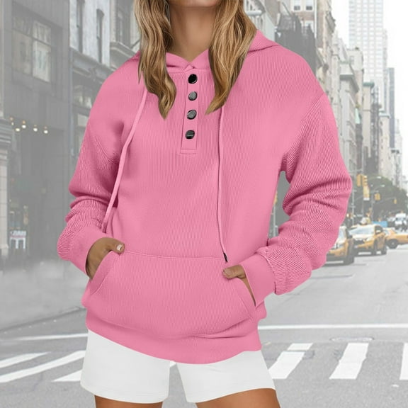 Hoodies for Women Fall Fashion Button Collar Drawstring Hooded Pullover Sweatshirt Trendy Casual Long Sleeve Tops