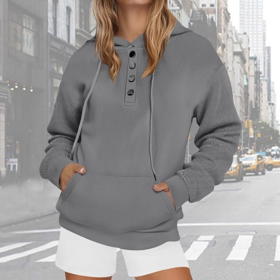 Hoodies for Women Fall Fashion Button Collar Drawstring Hooded Pullover Sweatshirt Trendy Casual Long Sleeve Tops