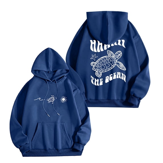 Hoodies for Women Fall Hawaiian Sea Turtle Graphic Print Hooded Sweatshirts Long Sleeve Loose Fit Hooded Shirts with Kangaroo Pocket