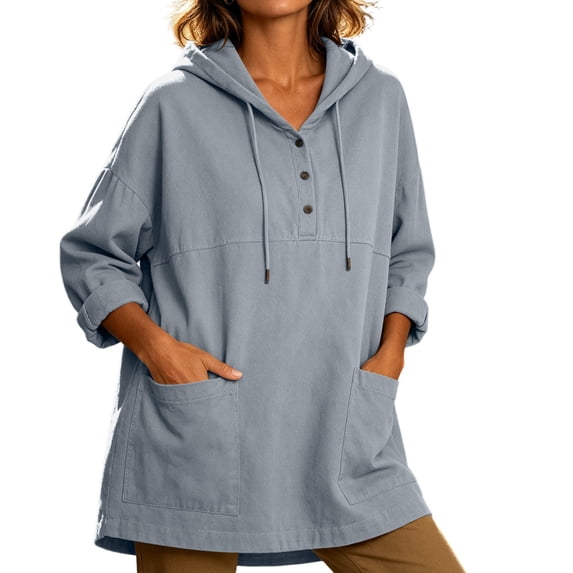 Hoodies for Women Fall Solid Color Long Sleeved Loose Sweatshirt with Pockets Buttons Drawstring Casual Lounge Work Pullover Sweatshirt