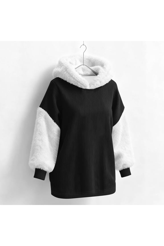 Hoodies for Women Cozy Raw Hem Loose Fit Solid Print Hooded Long Sleeve Pullover Top for Casual Wear Womens Sweatshirts Black L
