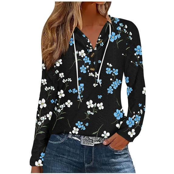 Hoodies for Women Floral Blouse Autumn Outfit Casual Long Sleeve Hooded Thin Sweatshits with Half Button Neck L