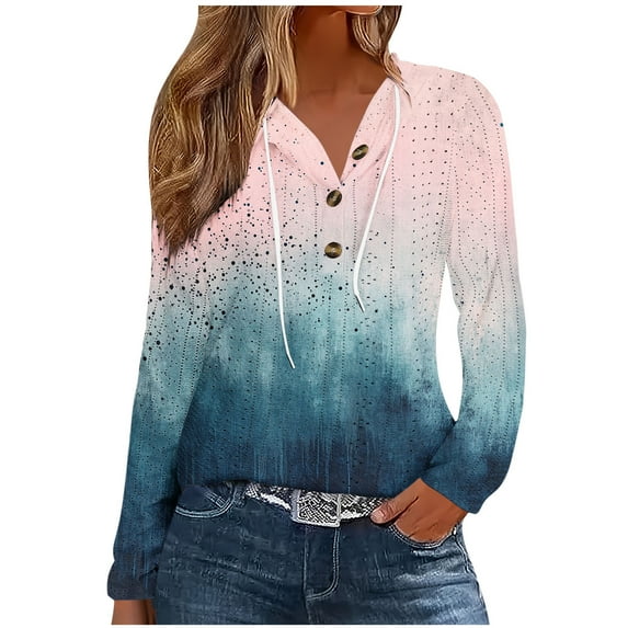 Hoodies for Women Floral Blouse Autumn Outfit Casual Long Sleeve Hooded Thin Sweatshits with Half Button Neck XL