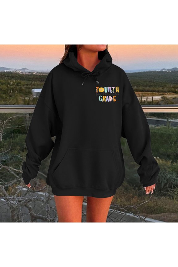 Hoodies for Women Fun Letter Hooded Pullover Drop Shoulder Oversized Street Womens Sweatshirt Black L