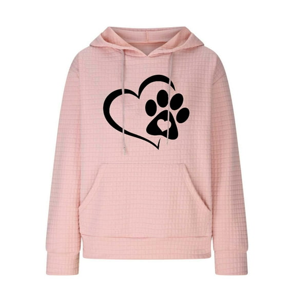 Hoodies for Women Graphic Heart Print Cute Long Sleeve Waffle Drawstring Pullover Spring Fall Sweatshirts with Pockets(Pink,XL)