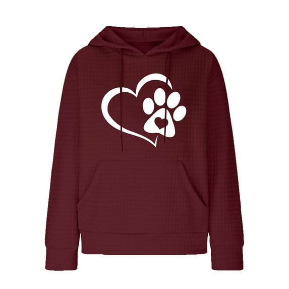 Hoodies for Women Graphic Heart Print Cute Long Sleeve Waffle Drawstring Pullover Spring Fall Sweatshirts with Pockets(Wine,XXXL)