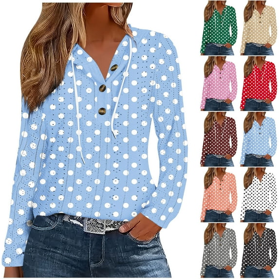 Hoodies for Women Half Button Neck Striped Tops Casual Drawstring Hooded Sweatshirts Thin Blouse Autumn Outfit L
