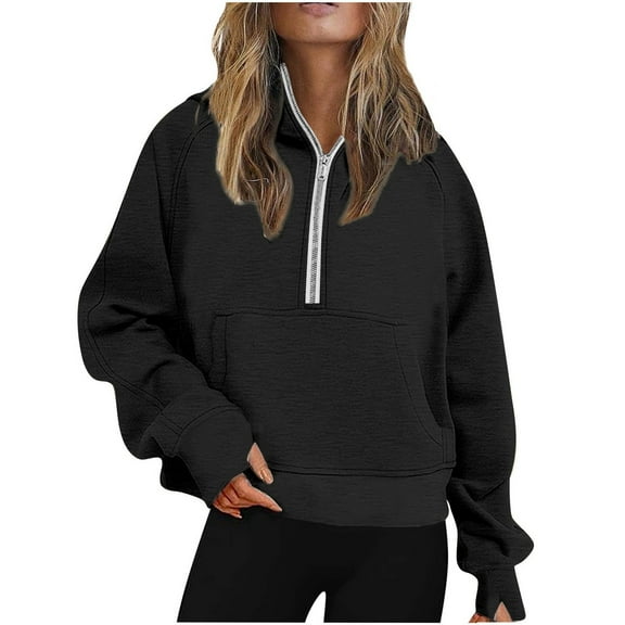Hoodies for Women,Half Zip Cropped Pullover Quarter Zipper Hoodie Soft Fall Sweatshirt for Daily Wear,Sweatshirt for Women,Z03 Black,2XL
