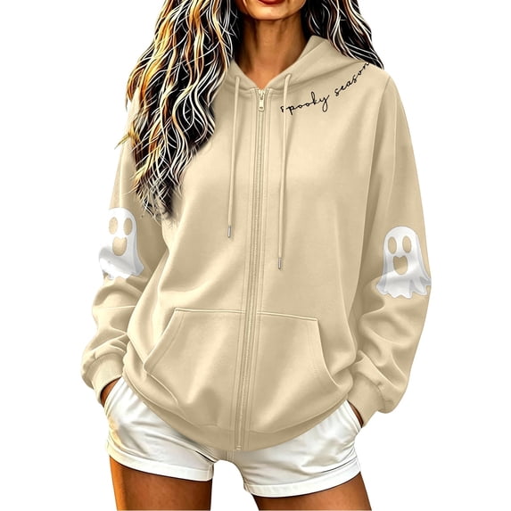 Hoodies for Women Halloween Long Sleeve Sweatshirt Classic Print Zip Casual Tops With Pockets Fleece Lined