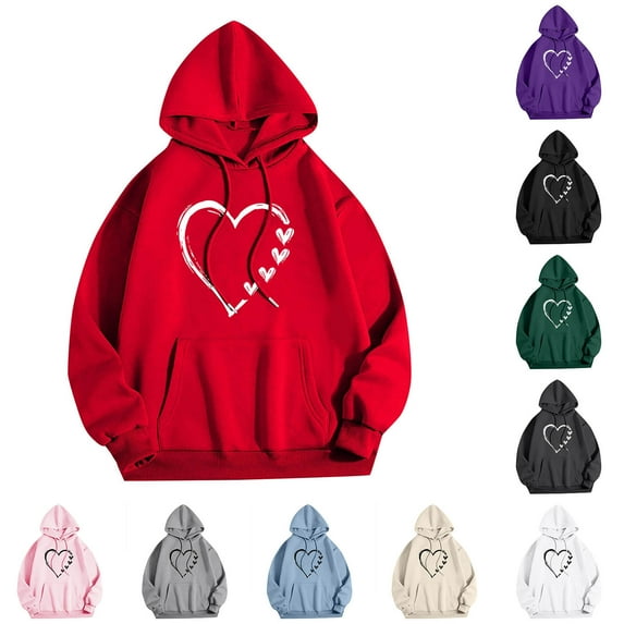 Hoodies for Women Heart Graphic Comfy Tops Oversized Hooded Sweatshirt Fleece Pullover Pocket Sweatshirts S