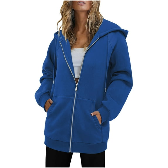 Hoodies for Women Hooded Sweatshirt Basic Zip-Up Jersey Jacket Long Sleeve Top with Pockets Plus Size Blue L