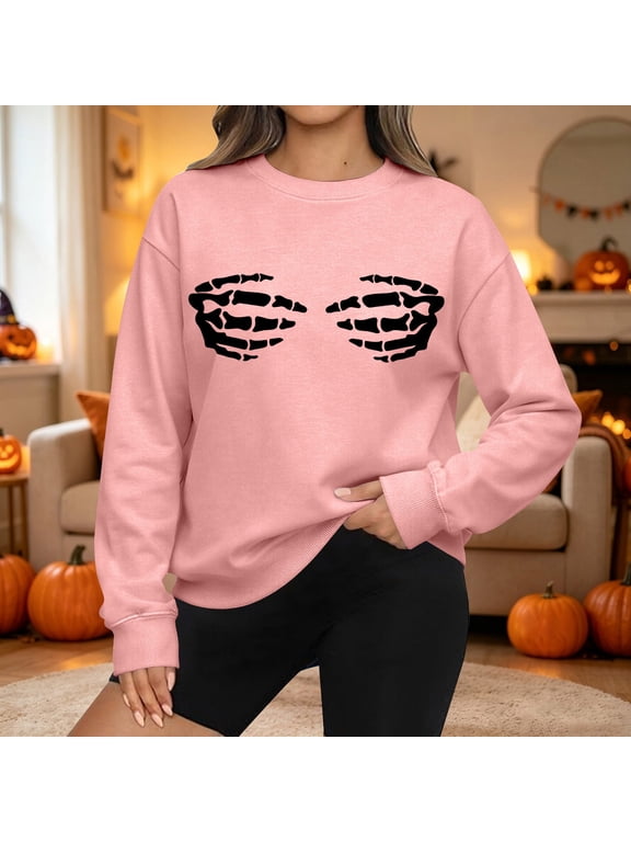 Hoodies for Women JIANLAI Funny Skeleton Hands Graphic Long Sleeve Drawstring Pullover Hooded Sweatshirt Loose Casual Spooky Fall Top