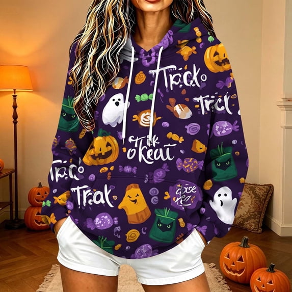 Hoodies for Women JIANLAI Halloween Sweatshirt Long Sleeve Drawstring Hoodie With Front Pocket, Casual Fall Winter Graphic Tops
