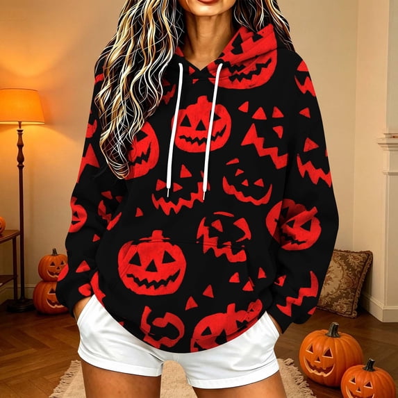 Hoodies for Women JIANLAI Halloween Sweatshirt Long Sleeve Drawstring Hoodie With Front Pocket, Casual Fall Winter Graphic Tops