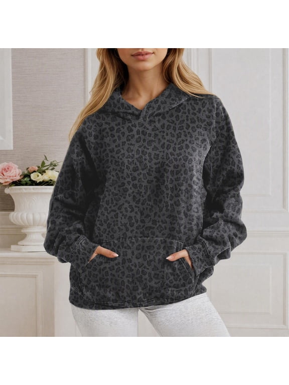 Hoodies for Women Leopard Print Oversized Sweatshirt Hooded Long Sleeve Casual Tops (Black S)