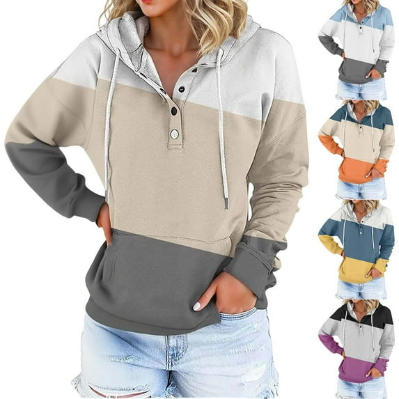 Hoodies for Women Lightweight Long Sleeve Sweatshirt Loose Fit Color Block Tunic Tops with Pockets 2025 Fall Clothes (Khaki,Large)