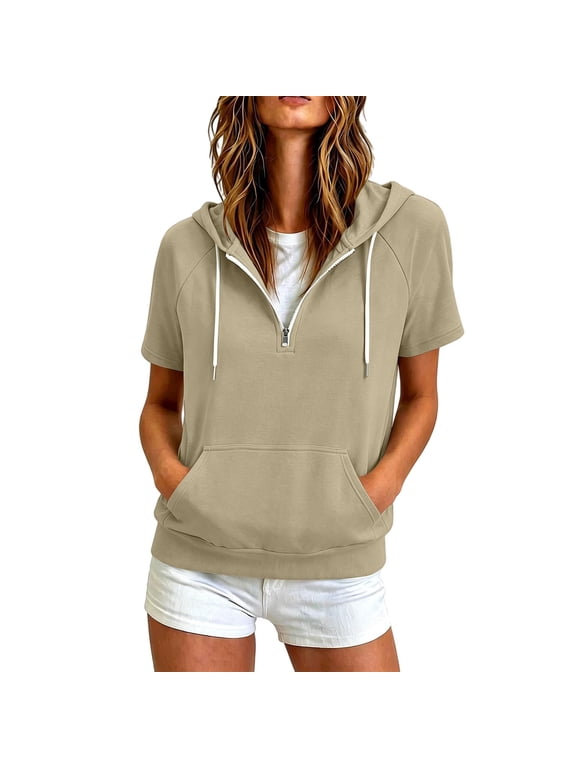 Hoodies for Women Lightweight Short Sleeve Quarter Zip Sweatshirts Casual Pullover Soft Track Jacket with Pocket, S