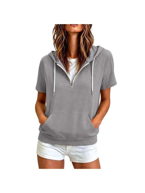 Hoodies for Women Lightweight Short Sleeve Quarter Zip Sweatshirts Casual Pullover Soft Track Jacket with Pocket, S