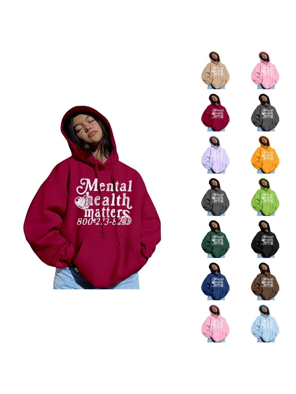 Hoodies for Women Long Sleeve Fall Winter Mental Health Matter Letter Print Drawstring Hooded Sweatshirt