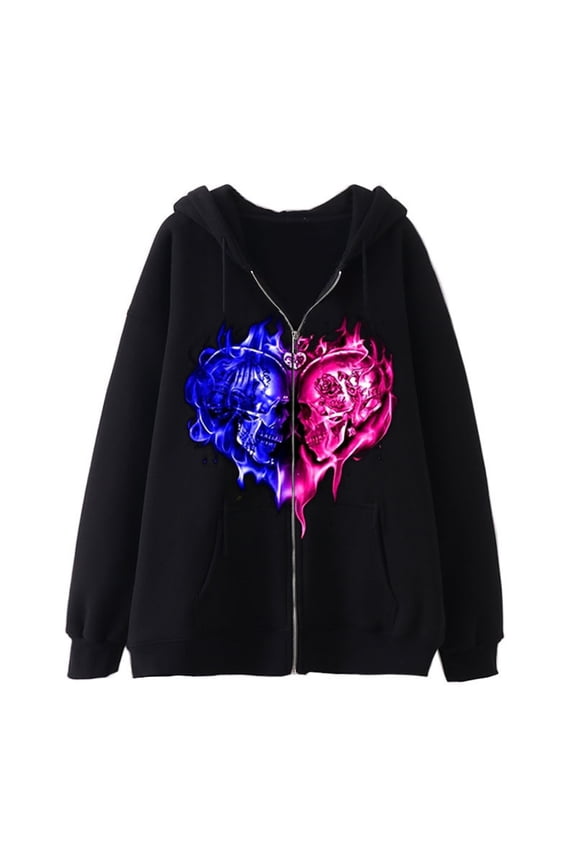 Hoodies for Women Long Sleeve Full Zip Vintage Heart Print Dark Streetwear Sweatshirt Jacket Casual Black XXL