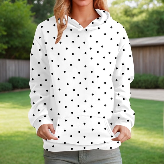Hoodies for Women Long Sleeve Polka Dot Print Sweatshirt Stylish Casual Loose Daily Wear White XL