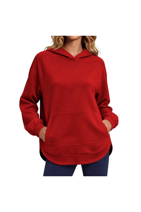 Hoodies for Women Long Sleeve Side Slits Hooded Sweatshirts with Pocket,Cute Fall Fashion Pullover Hoodie Red XL