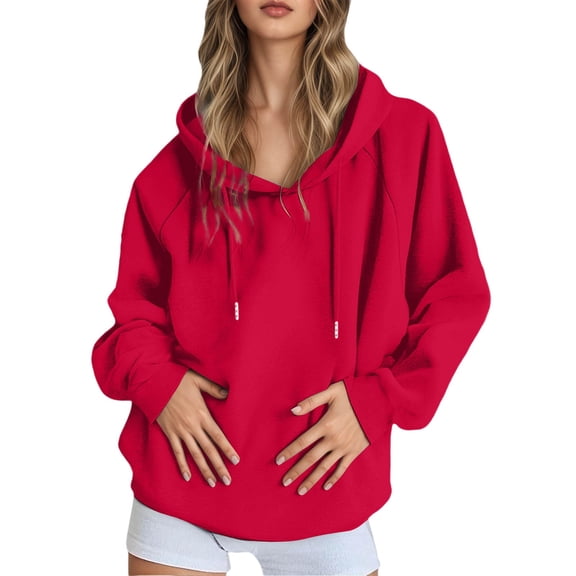 Hoodies for Women Long Sleeve Solid Waffle Knit Drawstring Oversized Cropped Hooded Sweatshirt Tops Fall Fashion for Women 2025 Trendy (Red,X-Large)