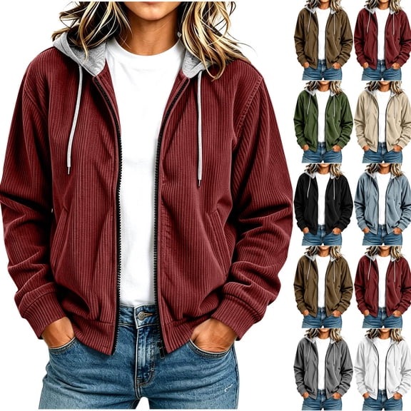 Hoodies for Women Long Sleeve Zip Up Hoodie Jackets Womens Corduroy Loose Casual Cropped Outerwear with Pockets