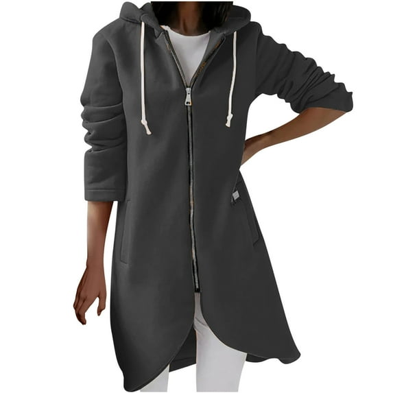 Hoodies for Women Long Sleeve Zip Up Oversized Sweatshirt Casual Solid Color Drawstring Sweatshirts with Pockets Dark Gray M