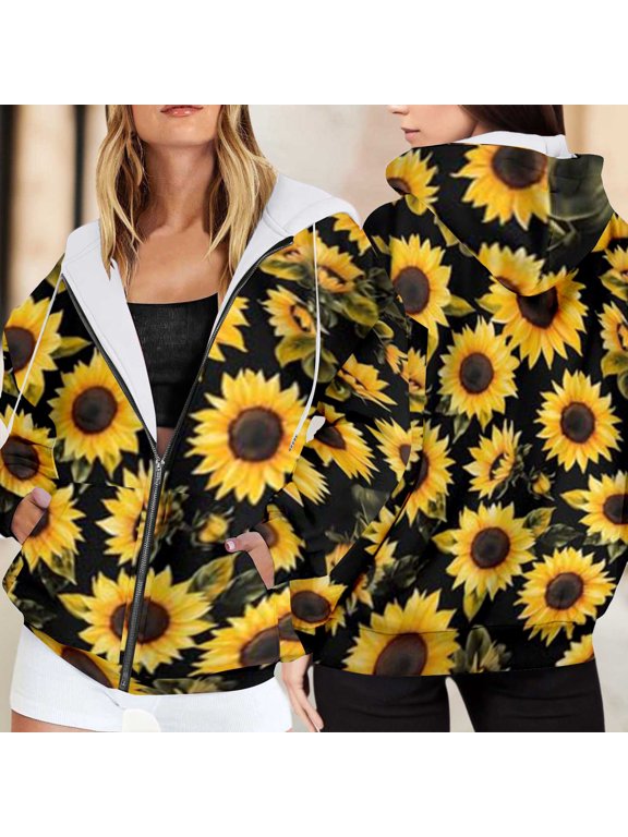 Hoodies for Women Loose Fit Sunflower Print Zipper Drawstring Pocket Hooded Long Sleeve Jacket Top for Casual Wear Women's Sweatshirts Black XXXXL