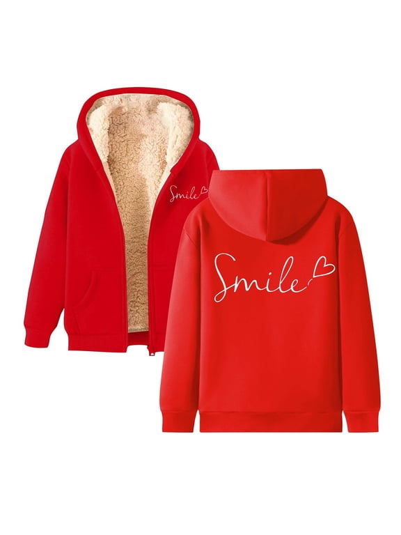 Hoodies for Women Men Unisex Casual Letter Smile Printed Winter Sports Fleece Zipper Hooded Jacket With Pockets Fashion Outwear