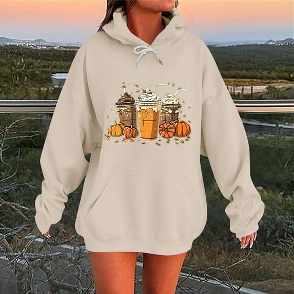 Hoodies for Women Ndbuld Women And Winter Casual Christmas Solid Round Neck Long Sleeve Pullover Blouse Sweatshirt Khaki 4XL