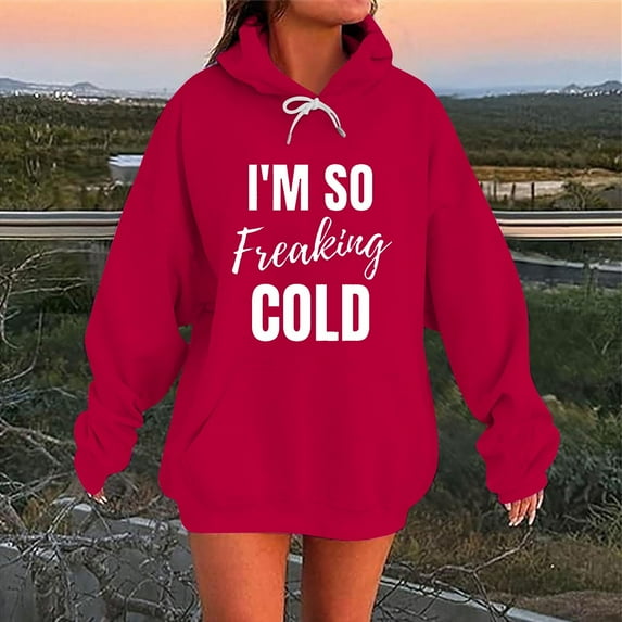 Hoodies for Women Ndbuld Women And Winter Casual Christmas Solid Round Neck Long Sleeve Pullover Blouse Sweatshirt Red 5XL