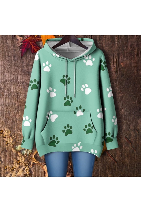 Hoodies for Women Ndbuld Women's Daily Print Loose Long Sleeved Off Shoulder Hooded Top Sweatshirt Green M