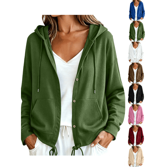 Hoodies for Women Nelozsy Women's Button-down Solid Color Loose Long-Sleeved Hooded Tops Army Green M