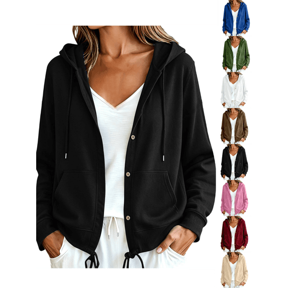 Hoodies for Women Nelozsy Women's Button-down Solid Color Loose Long-Sleeved Hooded Tops Black L