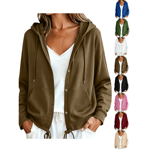 Hoodies for Women Nelozsy Women's Button-down Solid Color Loose Long-Sleeved Hooded Tops Brown XXL