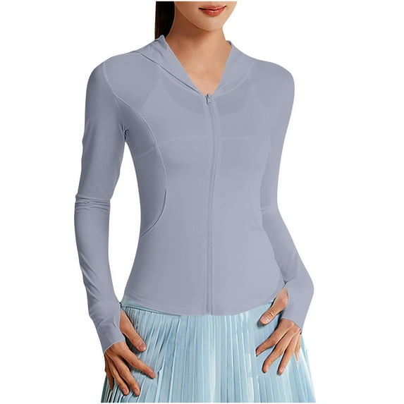 Hoodies for Women New Long Sleeve Solid Color Thumb Sleeve Zipper Casual Sunscreen Coat with Pocket Save 65% Instantly!