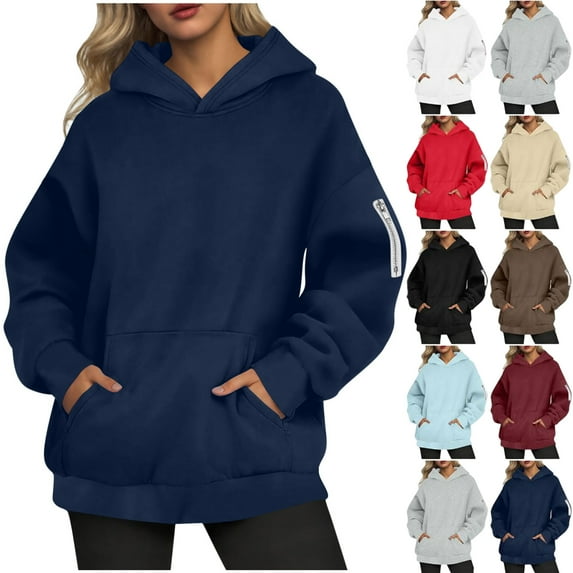 Hoodies for Women Oversized Solid Long Sleeve Fleece Sweatshirt Trendy Pullover Sweaters with Pockets Zipper Pocket Hooded Sweatshirt Top