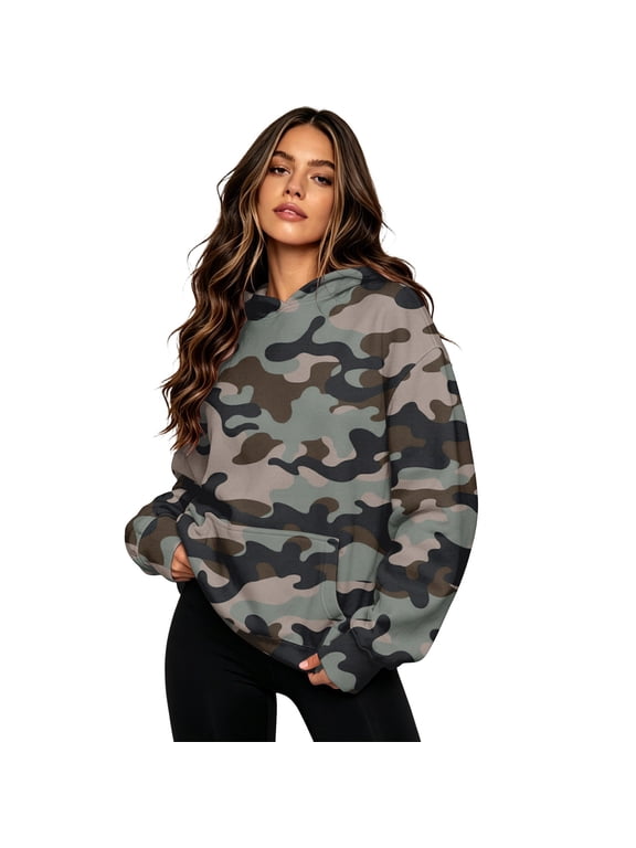 Hoodies for Women Oversized Sweatshirt Camo Leopard Print Long Sleeve Pullover Sweatshirts with Pockets Fall Winter Tops (Camouflage M)
