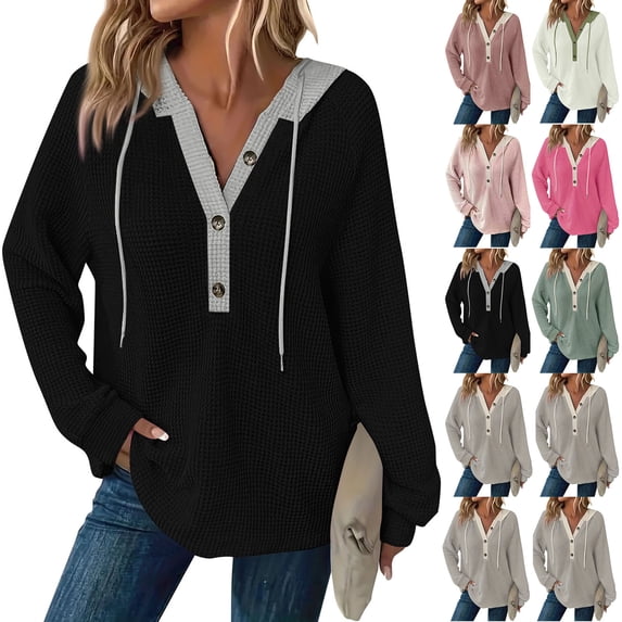 Hoodies for Women Oversized Waffle Knit Long Sleeve Button Down Shirt V Neck Crochet Tunic Pullover Sweaters Tops