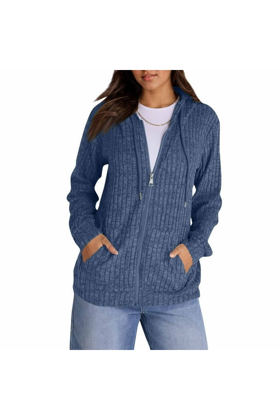 Hoodies for Women Oversized Zip Up Sweatshirt Ribbed Chucky Knit Sweater Hoodie Lightweight Long Sleeve Shirt Tops with Pocket