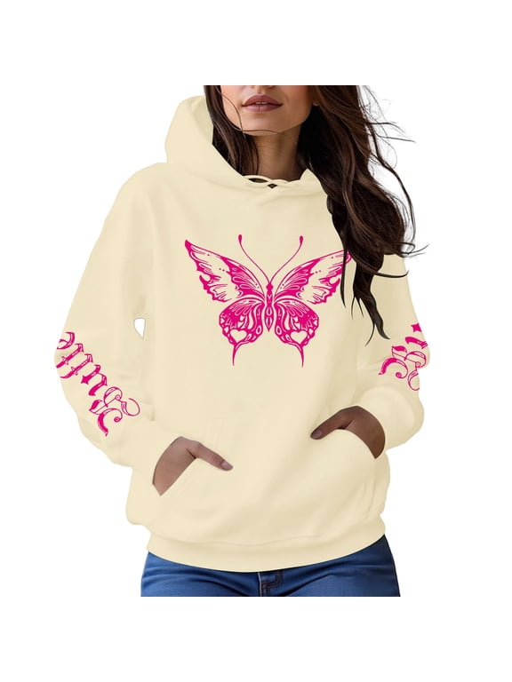 Hoodies for Women Plus Size Butterfly Graphic Long Sleeve Drop Shoulder Sweatshirt Drawstring Trendy Hoodie Pullover