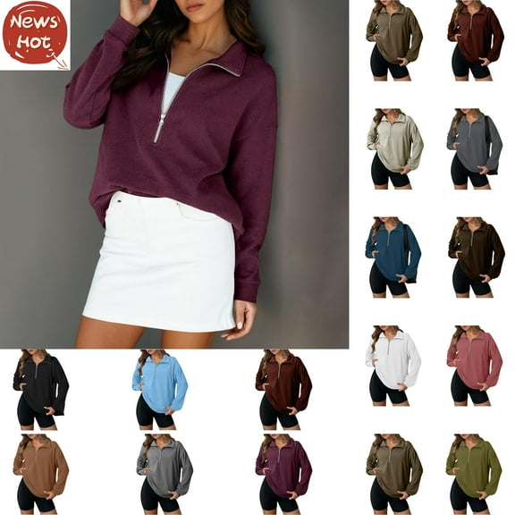 Hoodies for Women Plus Size, Ladies Long Sleeve Lapel Half Zipper Solid Color Pocket Temperament Top, Purple XXL