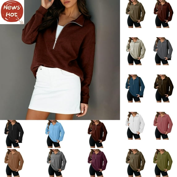 Hoodies for Women Plus Size, Ladies Long Sleeve Lapel Half Zipper Solid Color Pocket Temperament Top, Red XXL