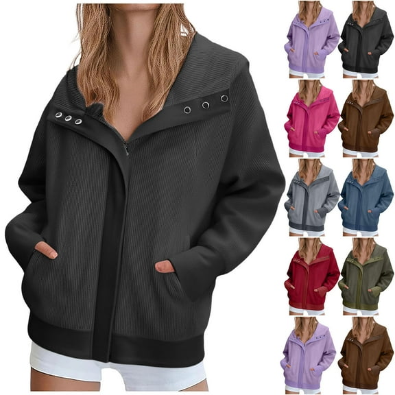 Hoodies for Women Plus Size Zip up Drawstring Solid Long Sleeve Hoodies Sweatshirts Loose Casual Fall Winter Coat Jacket with Pocket