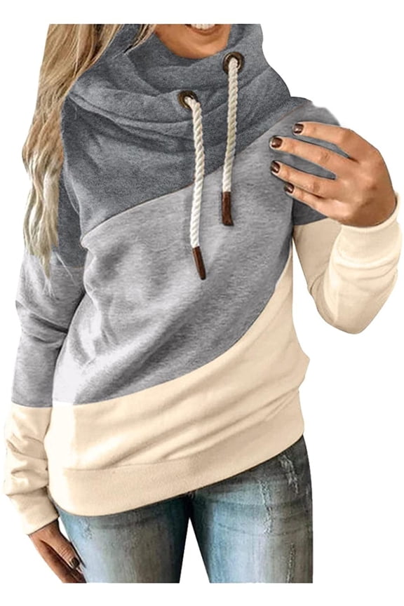 Hoodies for Women Pullover Cowl Neck Casual Long Sleeve Colorblock Hooded Sweatshirts Sweaters Fall Tops