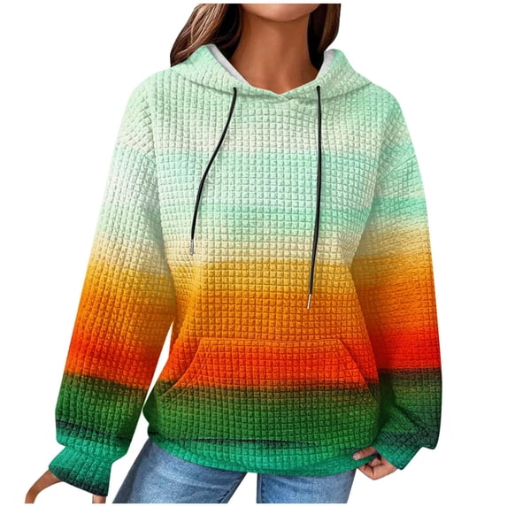 Hoodies for Women Pullover Plus Size Waffle Pockets Hooded Tops Color Block Long Sleeve Sweatshirts with Hood (Green 3XL)