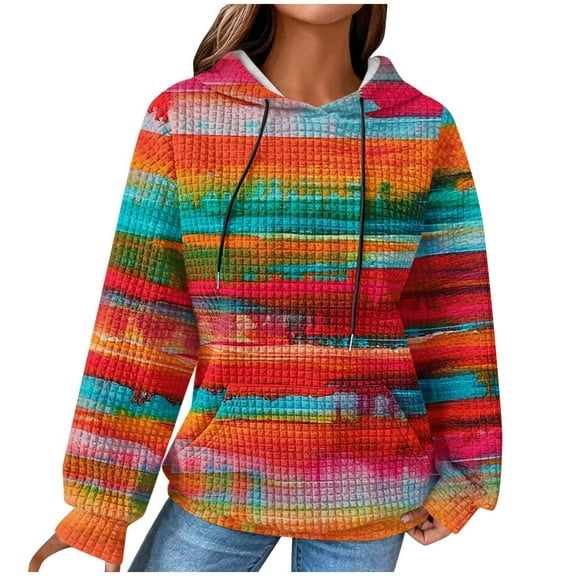 Hoodies for Women Pullover Plus Size Waffle Pockets Hooded Tops Color Block Long Sleeve Sweatshirts with Hood (Hot Pink 5XL)
